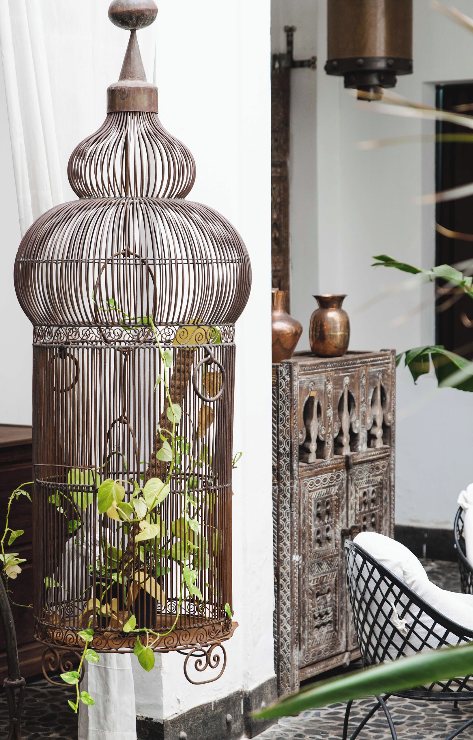 A metal birdcage with plants, a patterned cabinet, and a hanging light fixture.