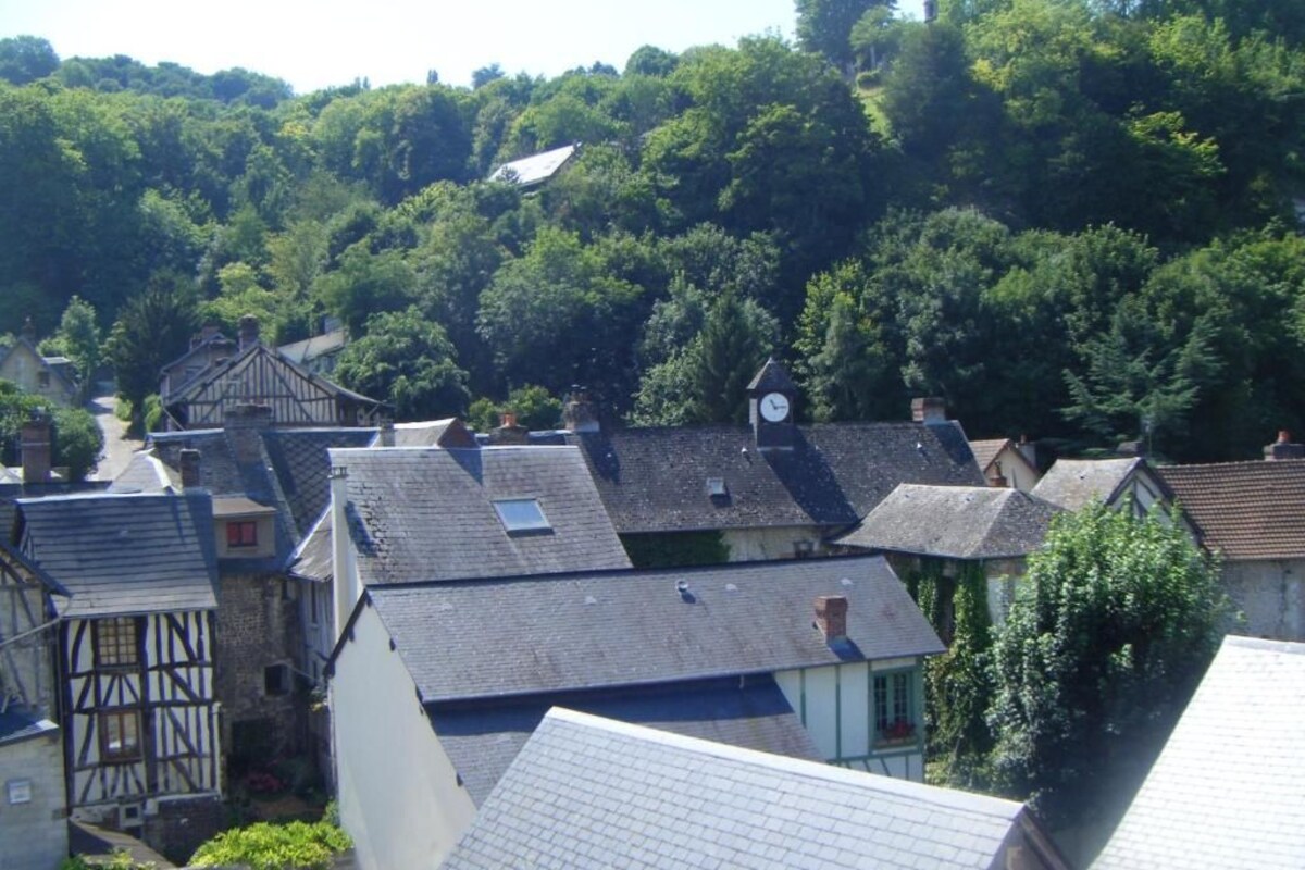 Un pueblo europeo tradicional con casas de entramado de madera, una torre del reloj y una ladera cubierta de árboles.