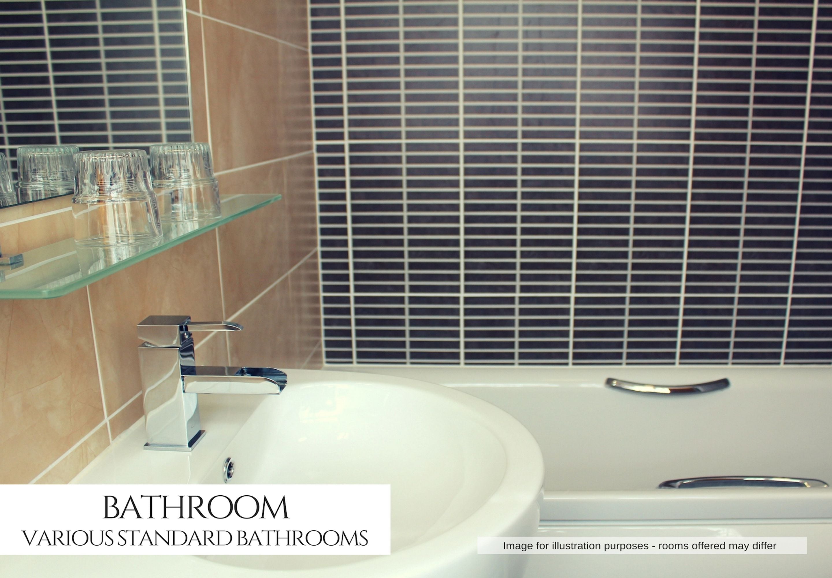 A bathroom with a white sink, a chrome faucet, and a glass shelf with cups.