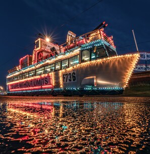 Una embarcación iluminada con el texto "LIFE WITHOUT LIMITS" y el número "F736" en su costado, amarrada durante la noche con reflejos en el agua.
