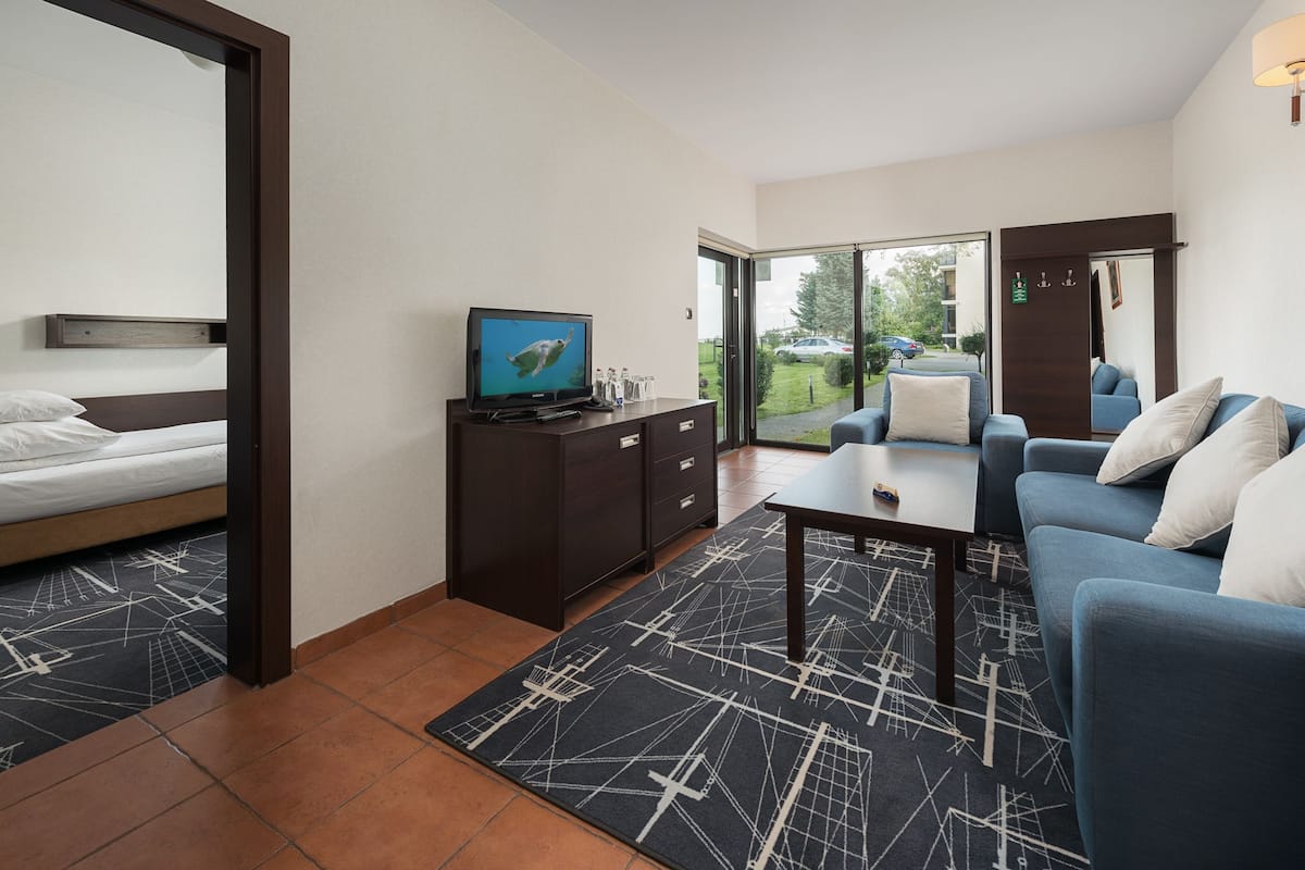 Une chambre d’hôtel moderne équipée d’un lit, d’une télévision, d’un canapé et d’une table à manger.