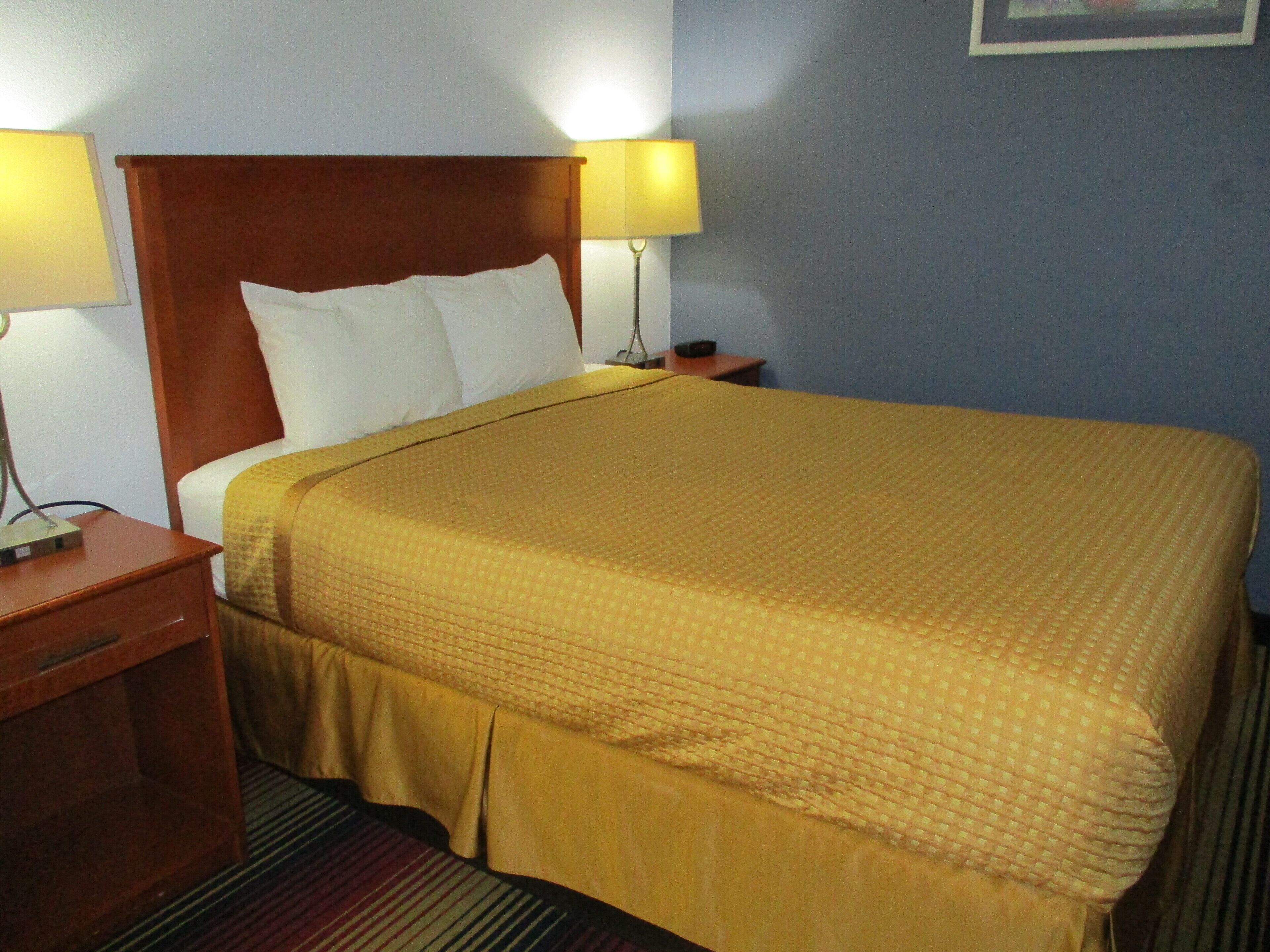 A hotel room with a large bed, two bedside lamps, a wooden nightstand, and a framed picture on the wall.