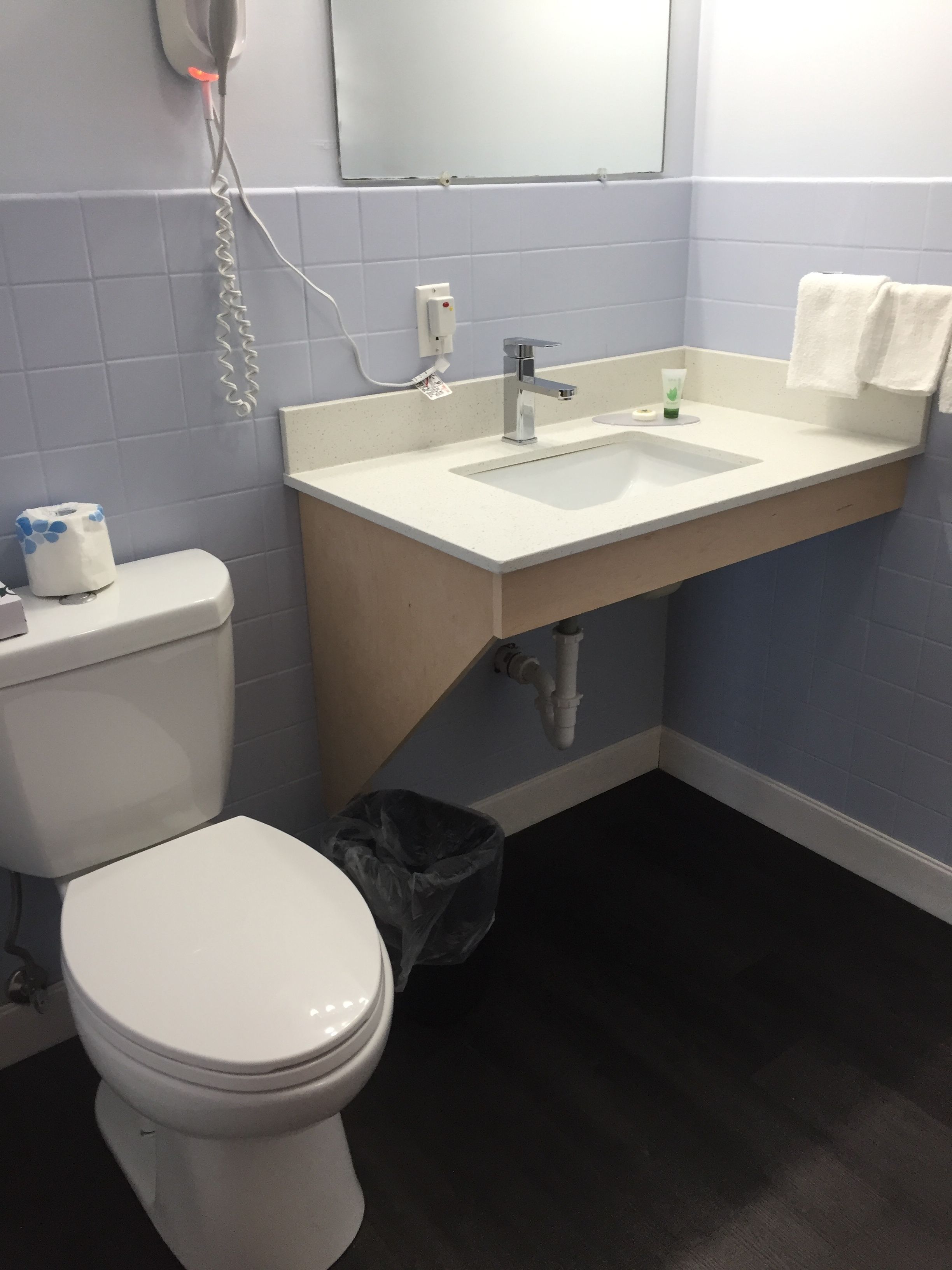 Un baño con inodoro, lavabo y espejo.