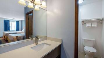 Combined shower/bathtub, free toiletries, hair dryer