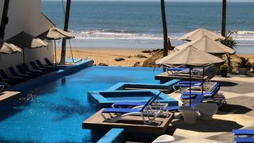 Una piscina al aire libre, sombrillas, sillones reclinables de piscina