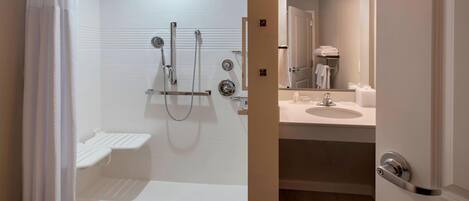A modern bathroom with a walk-in shower, a toilet, and a sink.