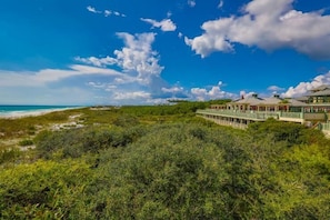 A coastal hotel with a beach view, surrounded by dense greenery.