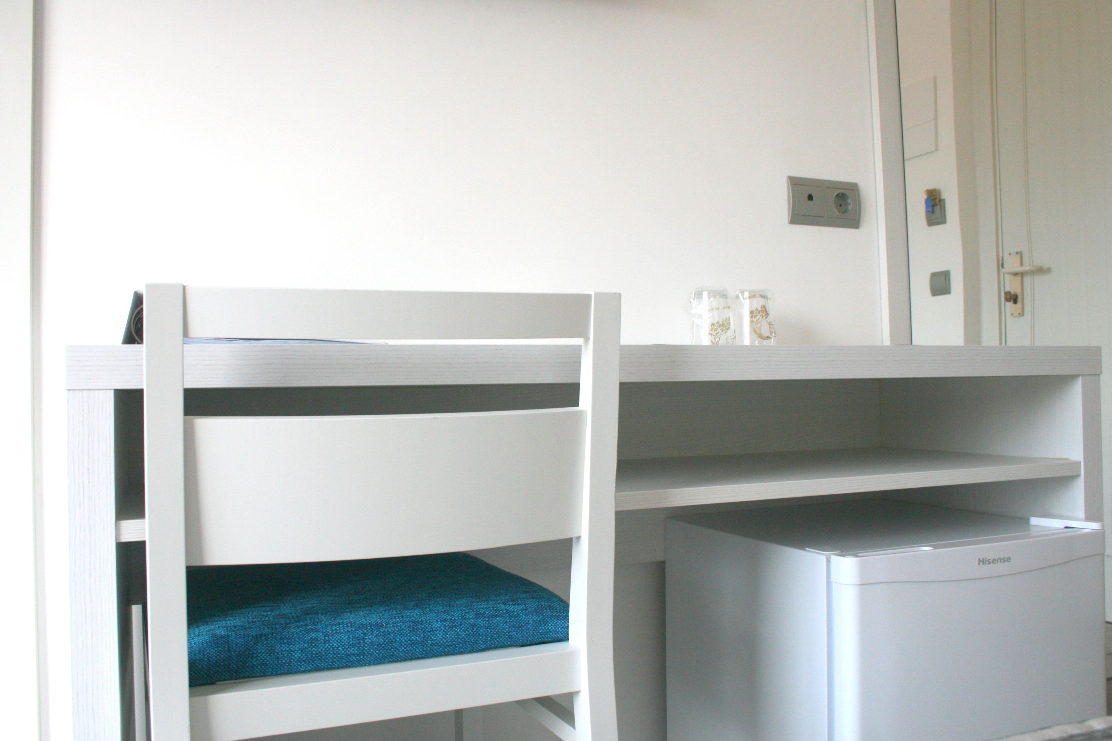 minibar, desk, bed sheets