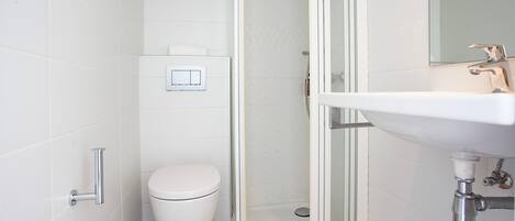 Un baño moderno con ducha envuelta en vidrio, inodoro blanco y lavabo con grifo cromado.