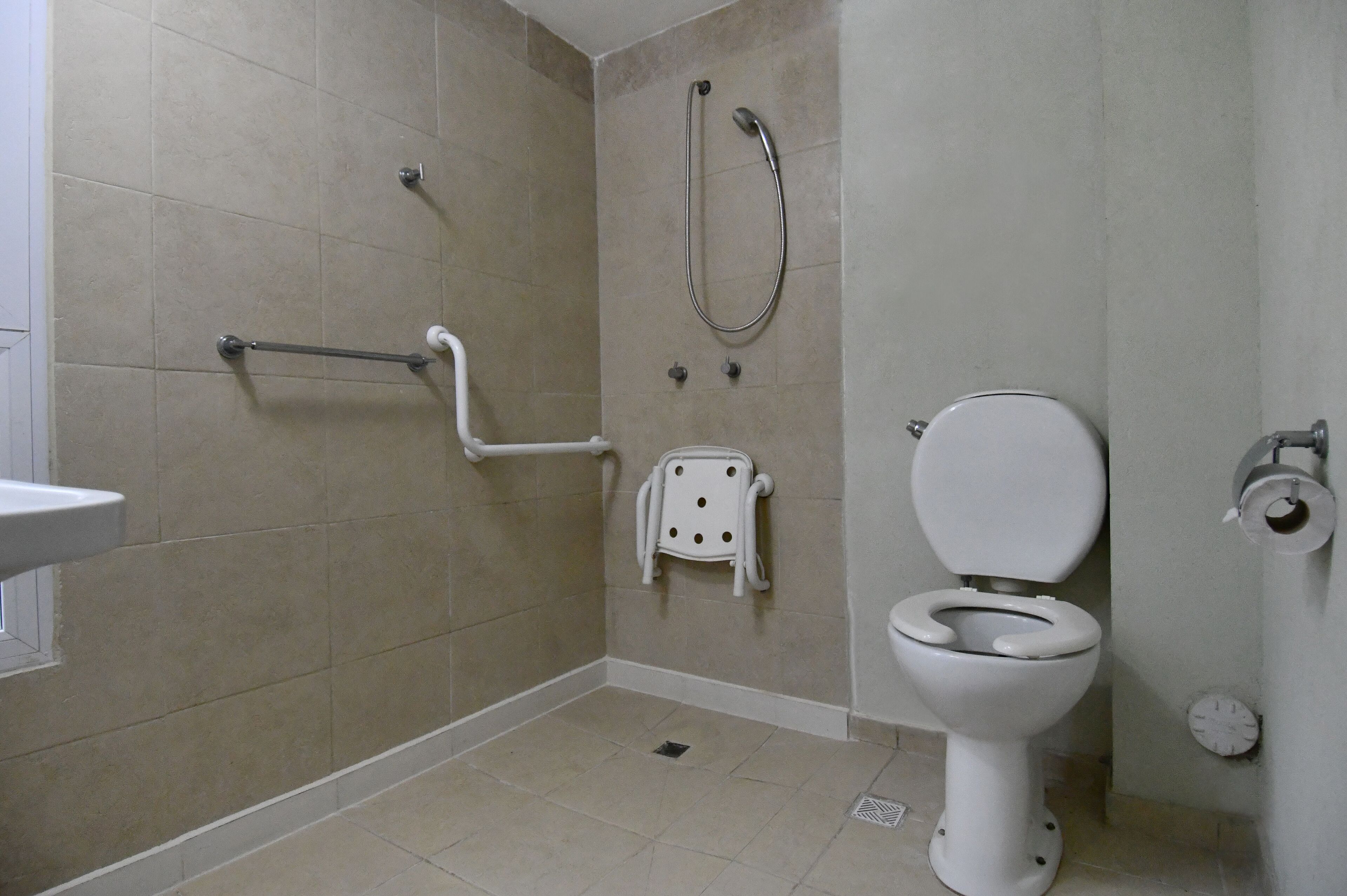 Een badkamer met toilet, douche en een handgreep.