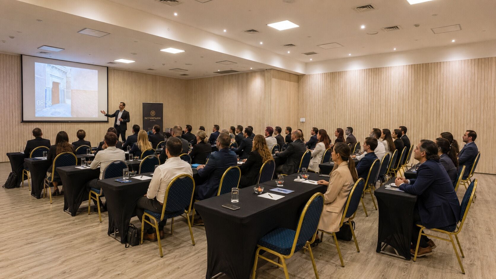 A conference room with a presentation screen, rows of tables, and attendees seated facing the screen.