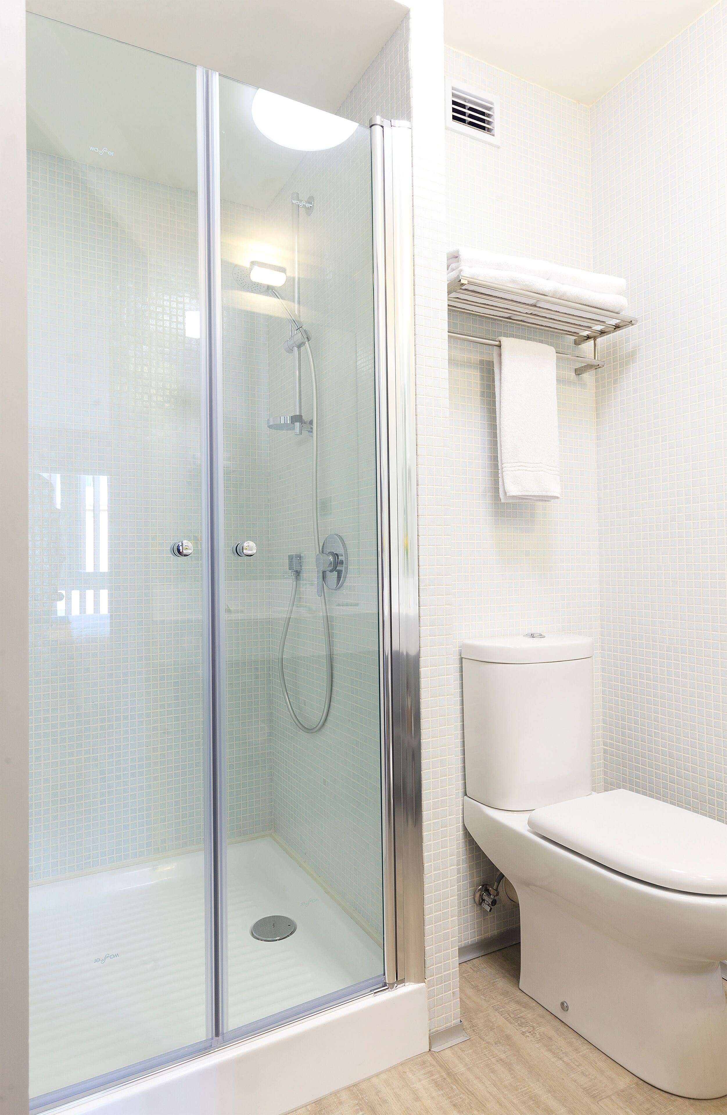 shower, rainfall showerhead, towels