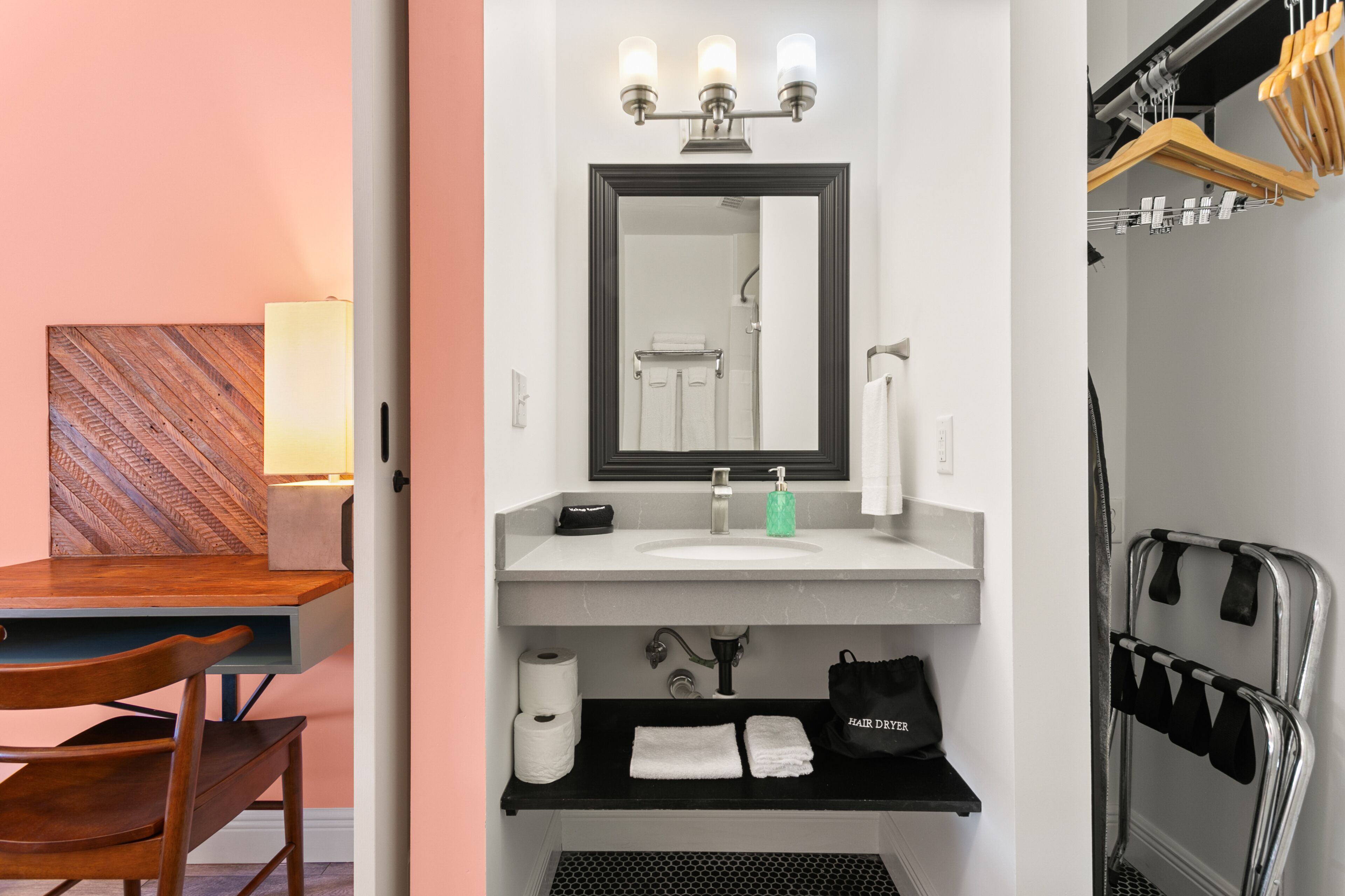 premium bedding, pillow-top beds, desk, laptop workspace