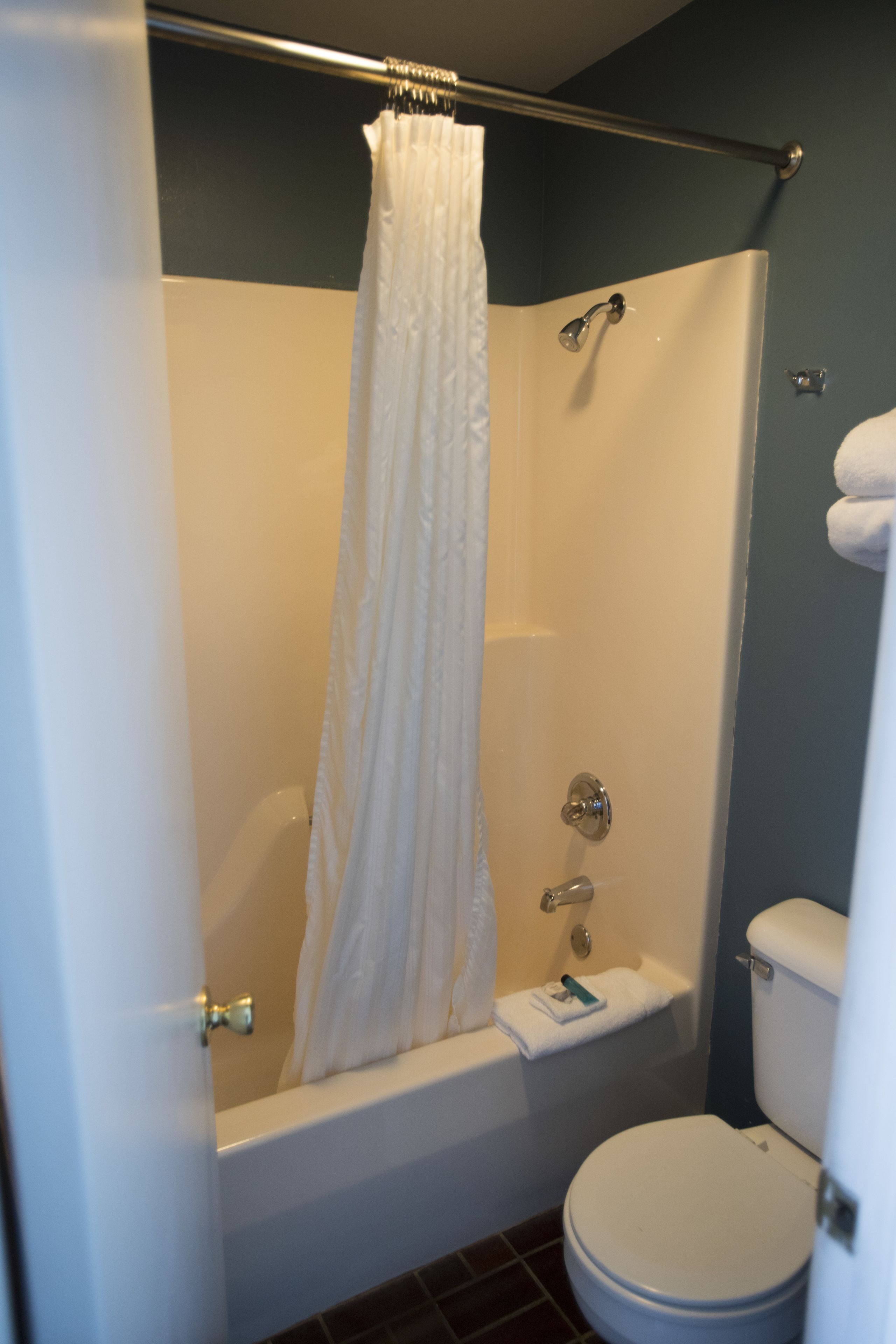 Ein Badezimmer mit Badewanne, Toilette und Duschvorhang.