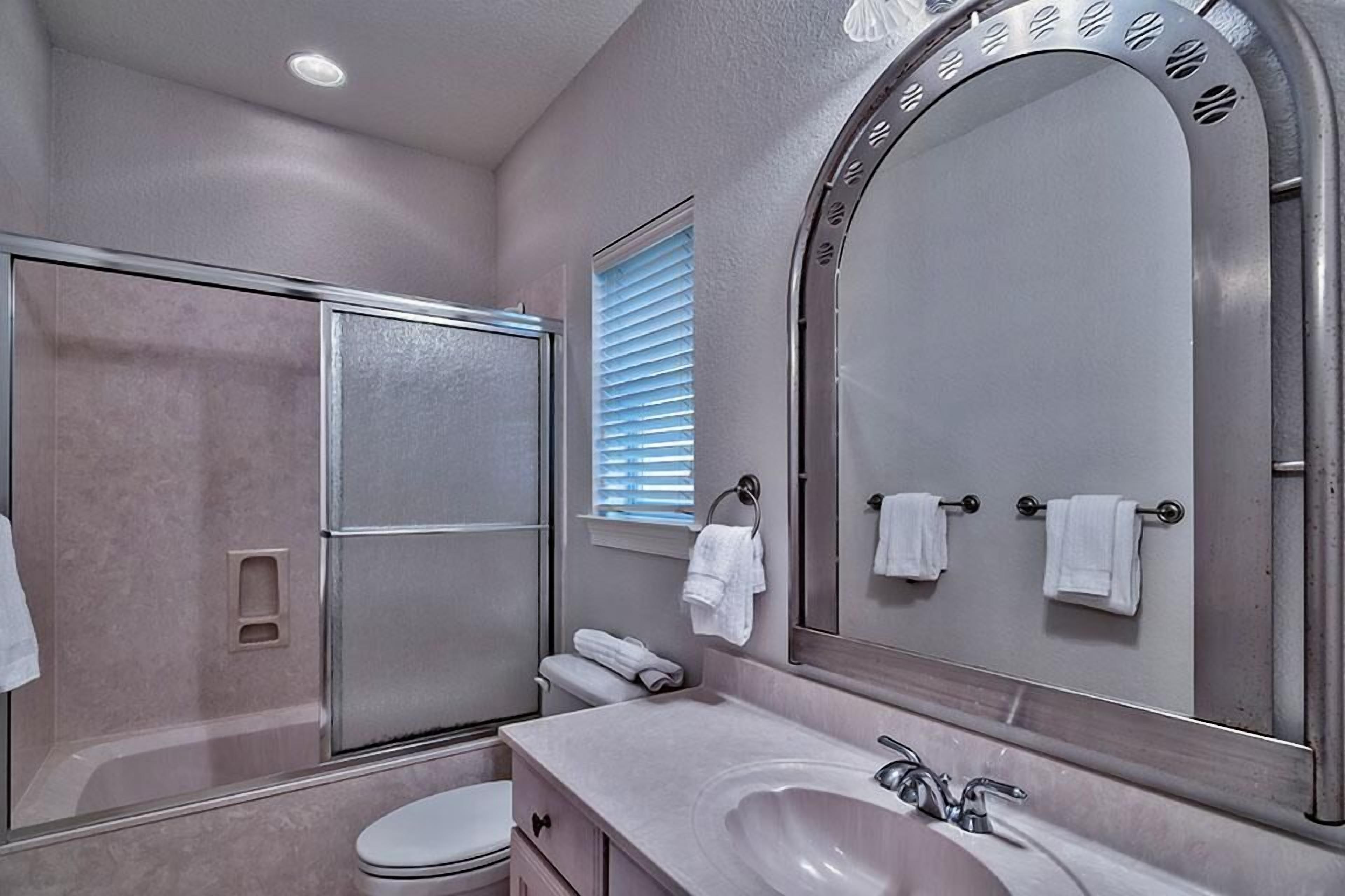A bathroom with a walk-in shower, a toilet, a sink, and a large mirror.