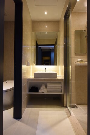 Habitación Deluxe con 2 camas individuales | Baño | Ducha, artículos de higiene personal de diseño y secador de pelo