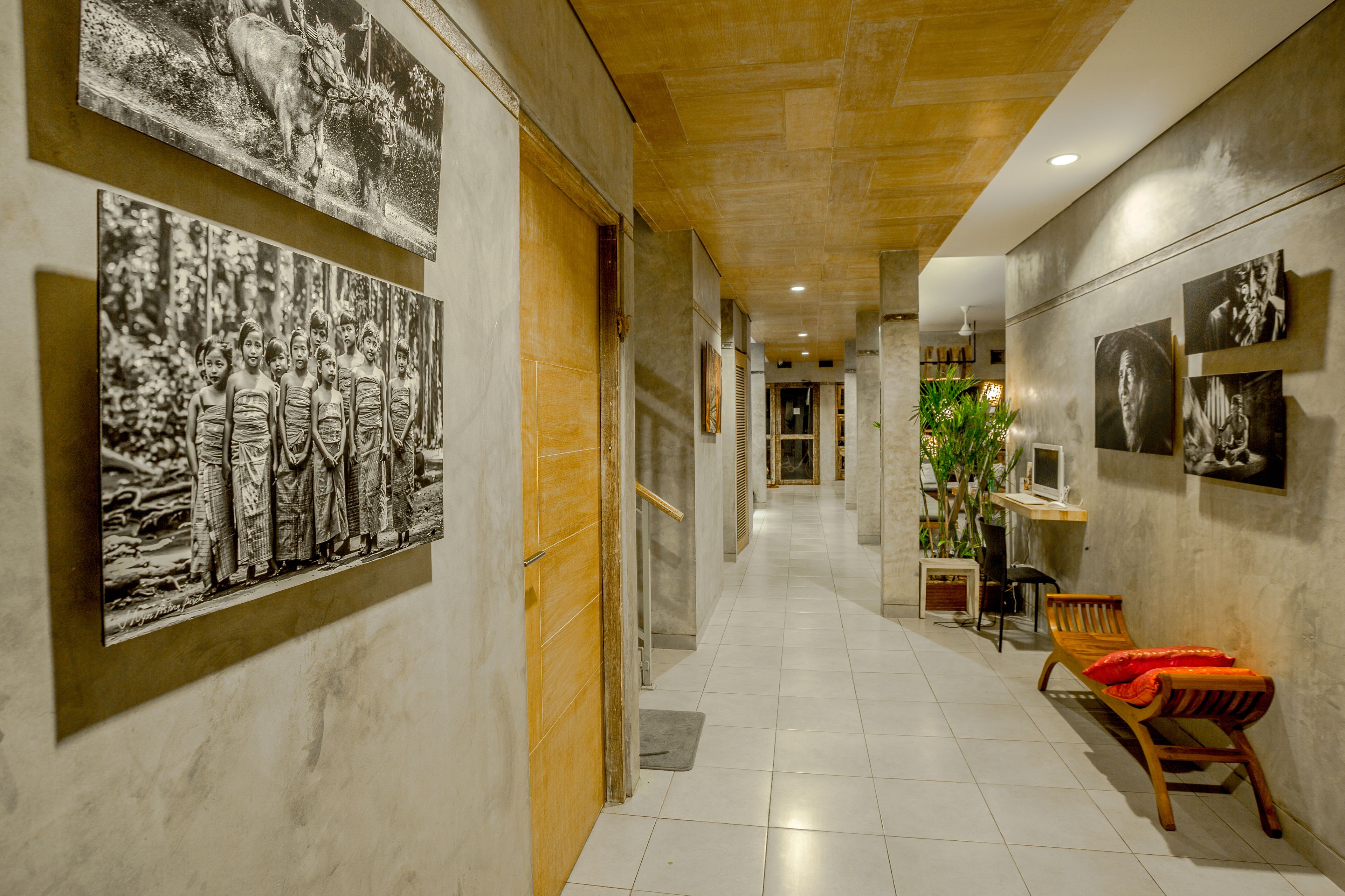 A hallway with artwork on the walls, a wooden bench with a cushion, and a potted plant.
