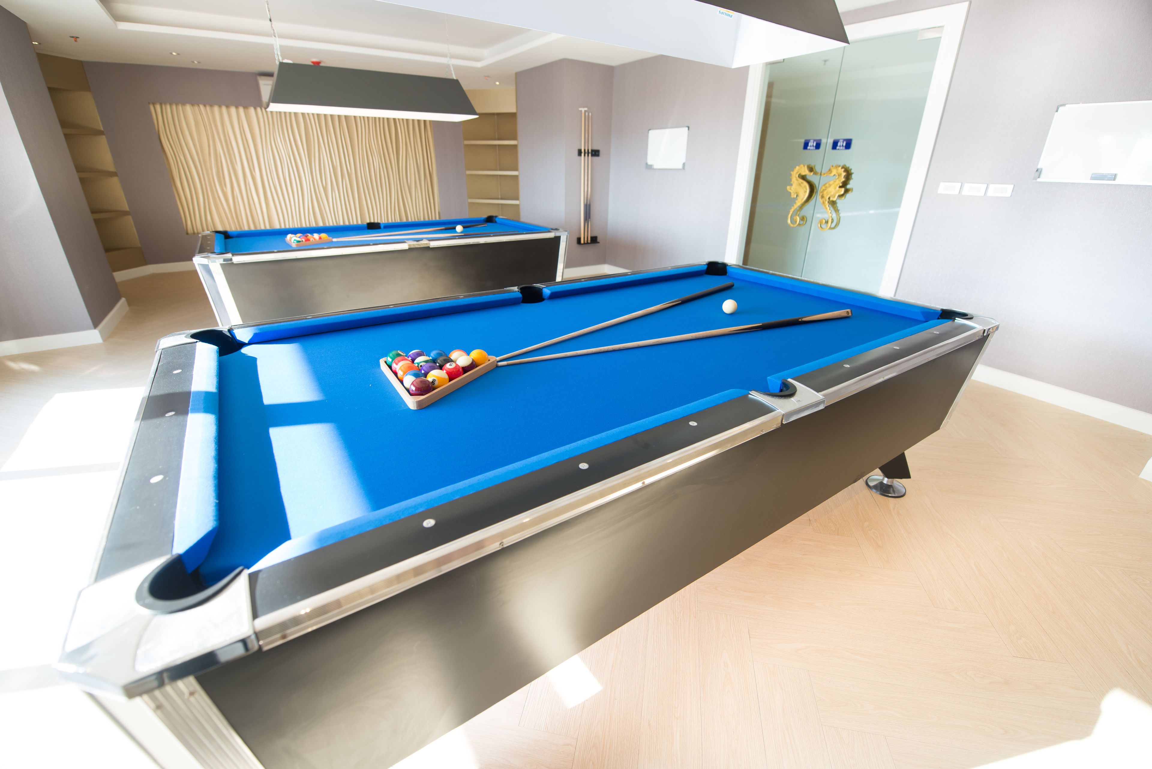 A pool table with balls and cues, a second table in the background, and a glass door with a decorative handle.