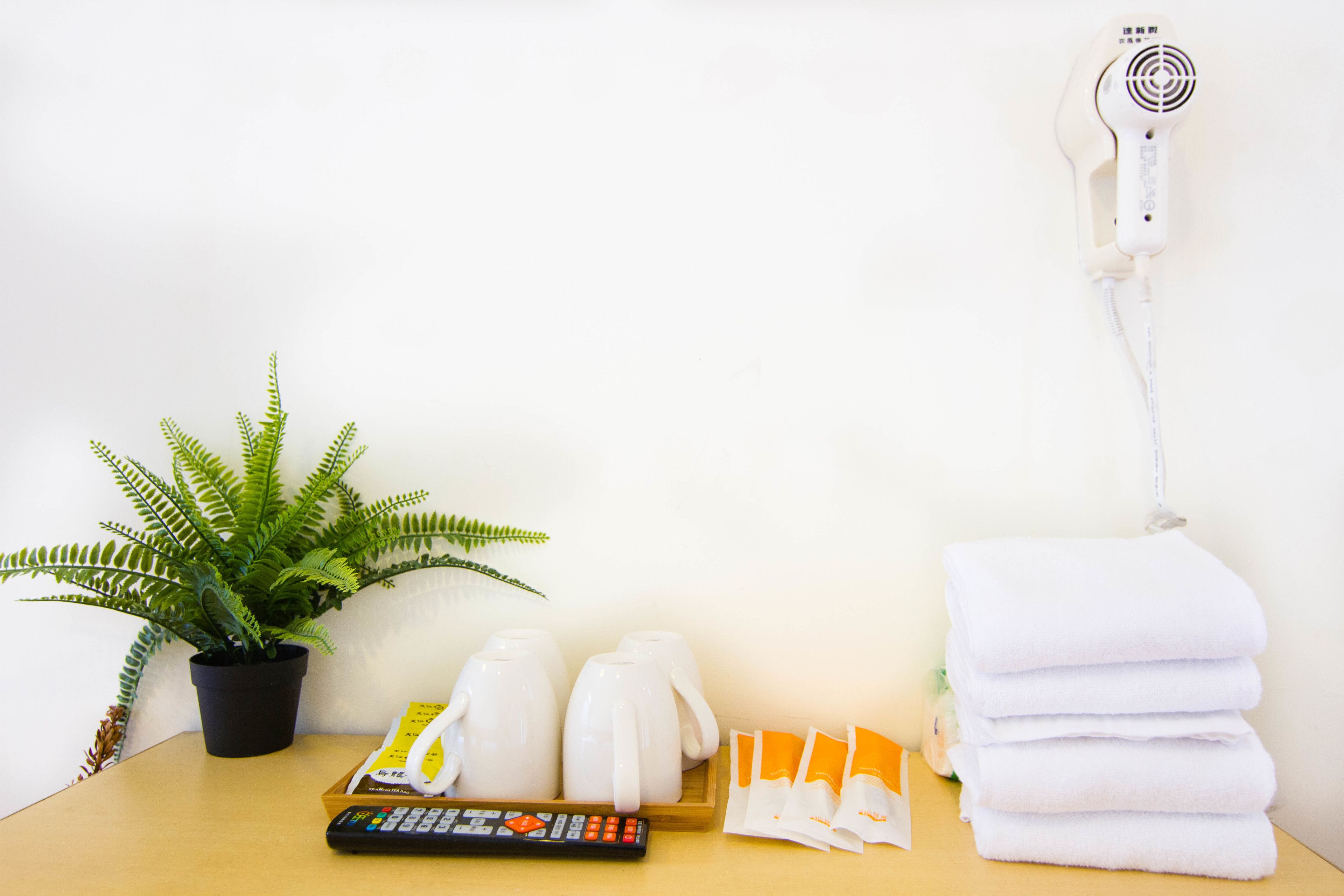 Una habitación de hotel con una planta en maceta, un control remoto, toallas y artículos de aseo sobre la mesa.
