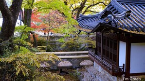 Un edificio japonés tradicional con tejado de tejas, escalones de piedra y un puente de piedra.