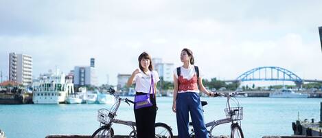 Two people standing next to bicycles with a waterfront and a bridge in the background.