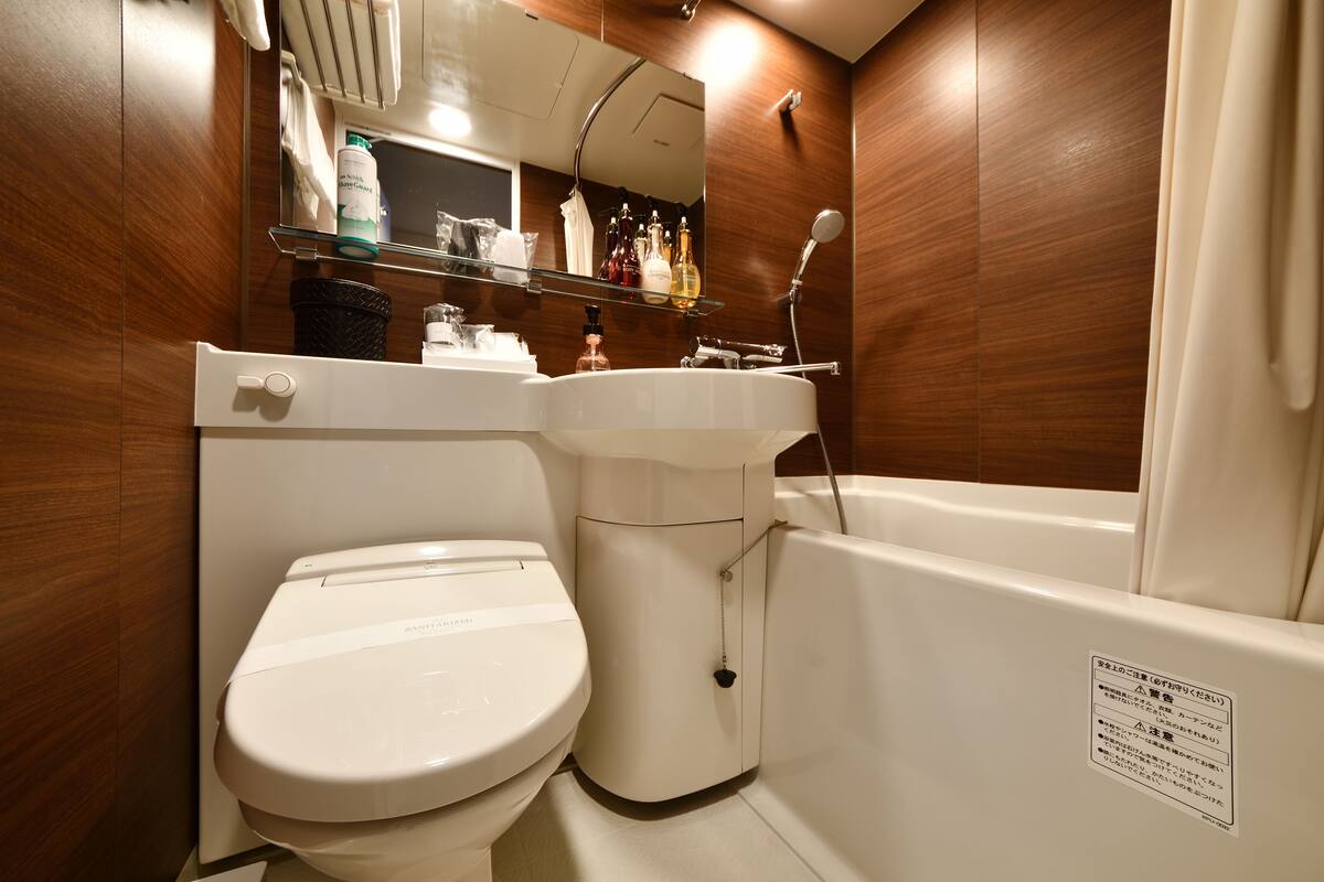 combined shower/bathtub, free toiletries, hair dryer, bathrobes