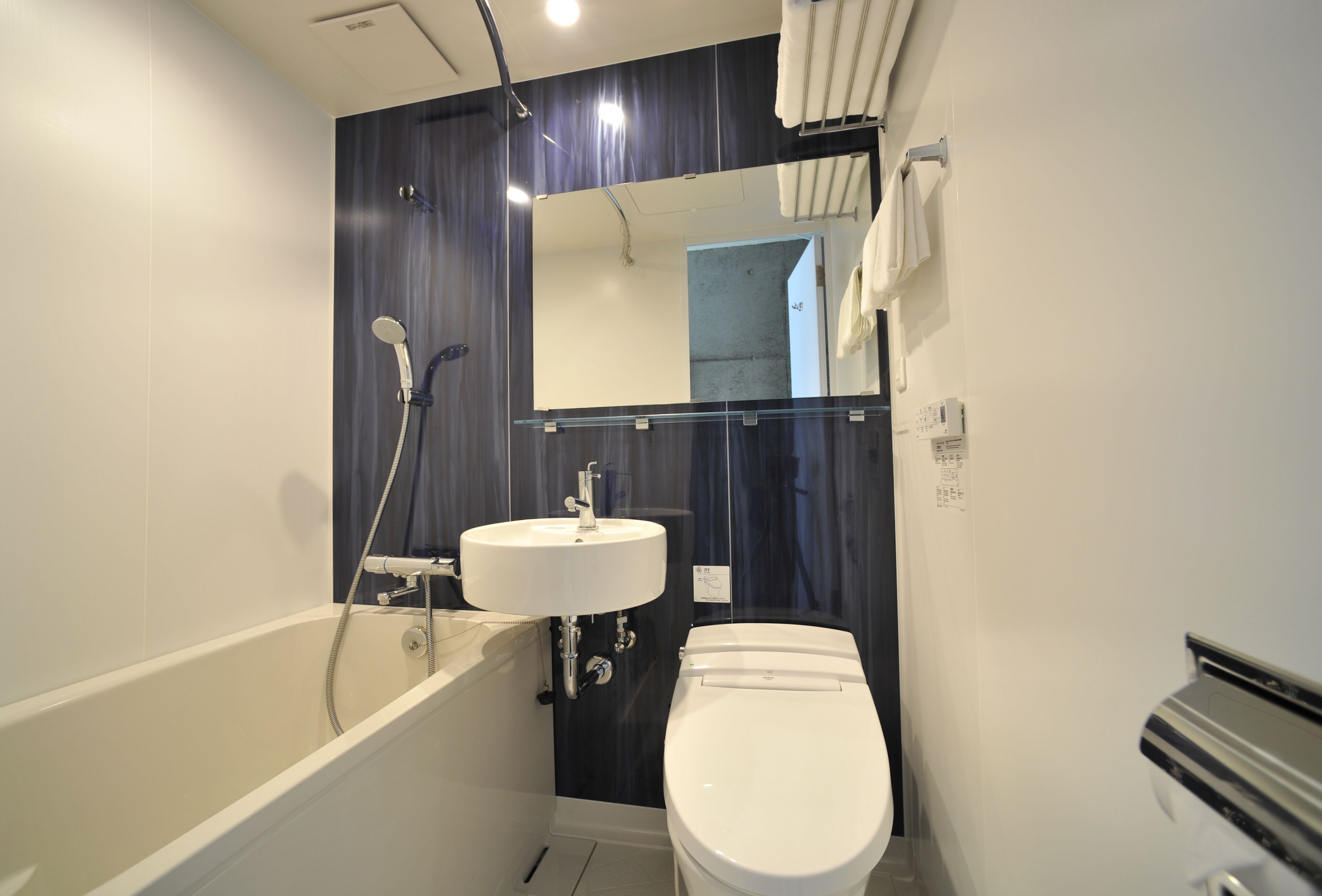 combined shower/bathtub, free toiletries, hair dryer, bathrobes