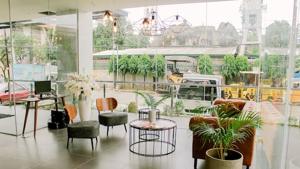 Un interior moderno con pared de vidrio, zona de estar y una planta grande en maceta.