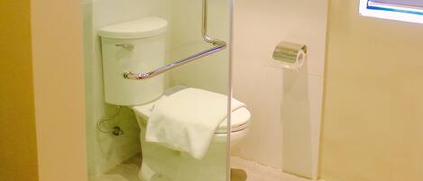 A bathroom with a glass-enclosed shower, a toilet, and a towel rack.