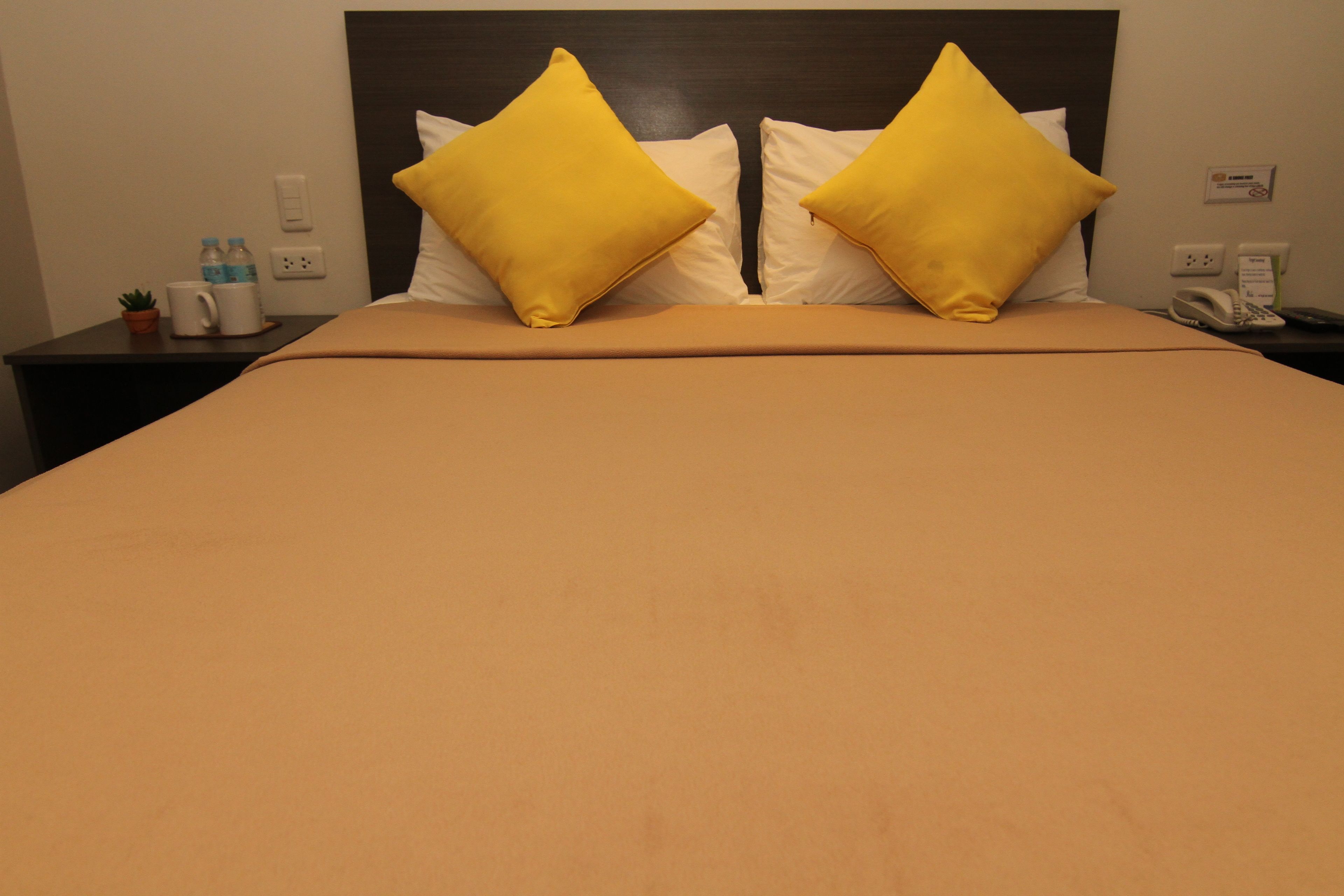 Una cama con una colcha marrón y dos almohadas amarillas, una mesita de noche con una planta, dos botellas de agua y un teléfono.