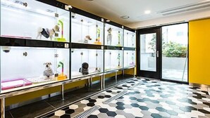 A pet-friendly hotel lobby with glass display cases containing various pets, a patterned floor, and a view of the outdoors. - Sleep with Your Own Pet Only - The Petel (Busan)