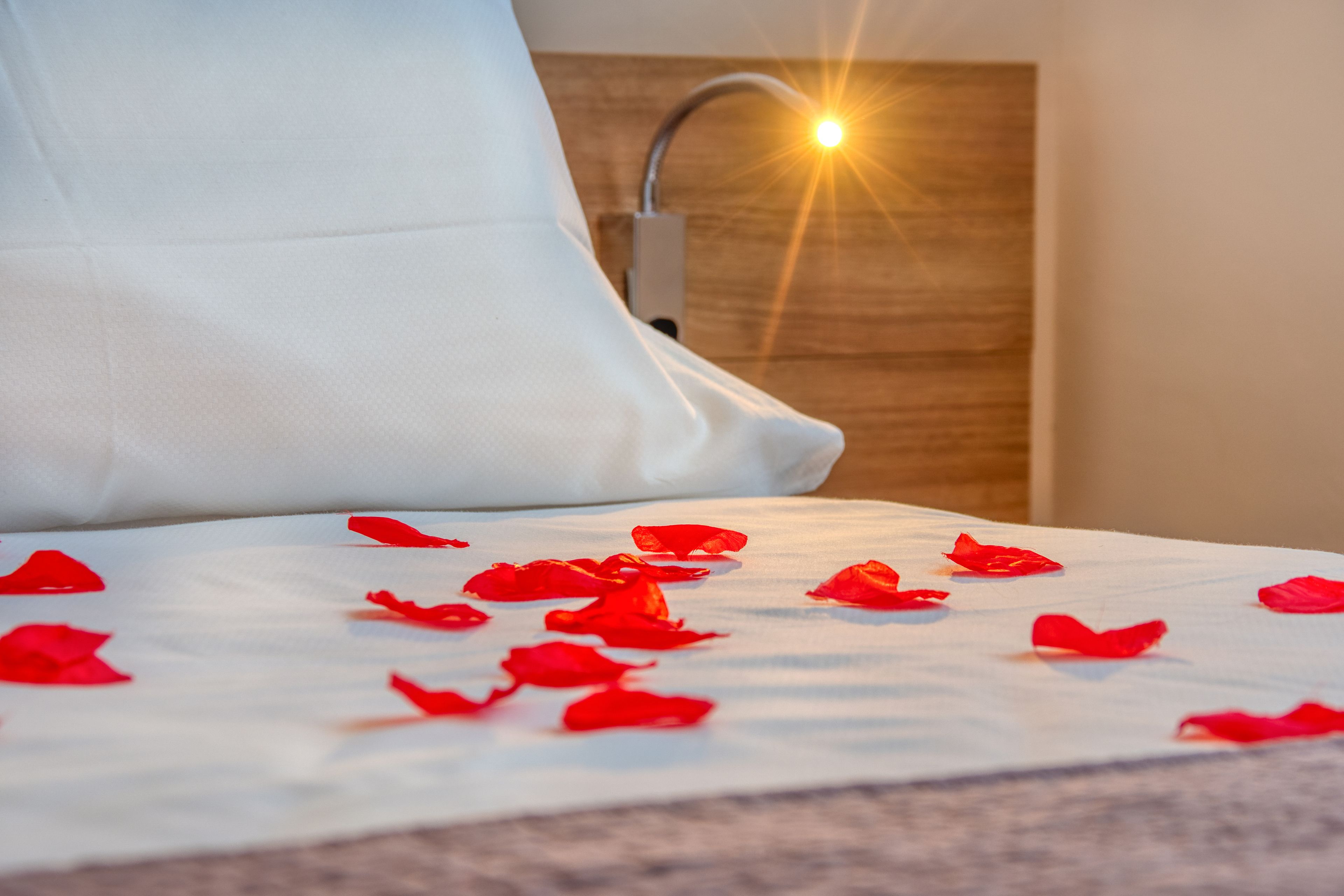 A bed with white linens and scattered red rose petals.