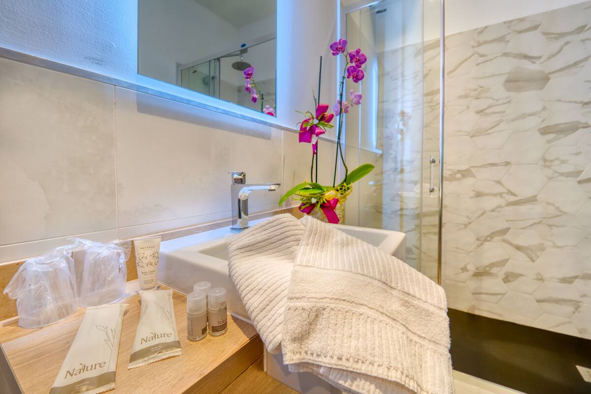 shower, free toiletries, hair dryer, slippers