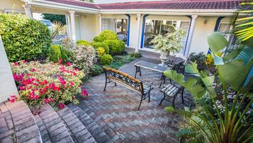 A courtyard with a paved patio, a bench, and various plants.