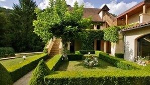A well-manicured garden with a central tree, a staircase, and a building with a sloped roof. - Hôtel des Roches (Les Eyzies)