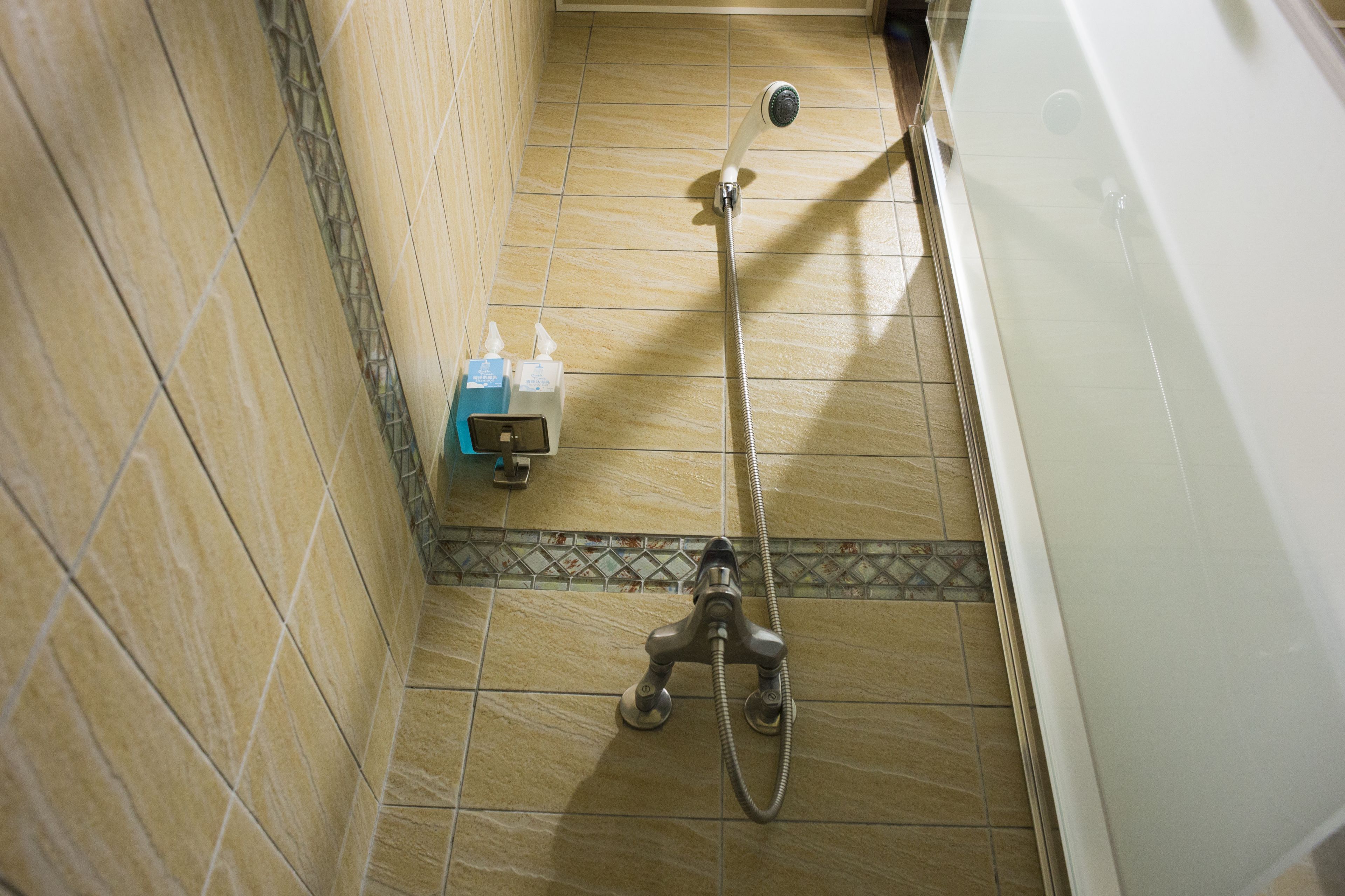 A shower area with a handheld showerhead and a wall-mounted faucet.