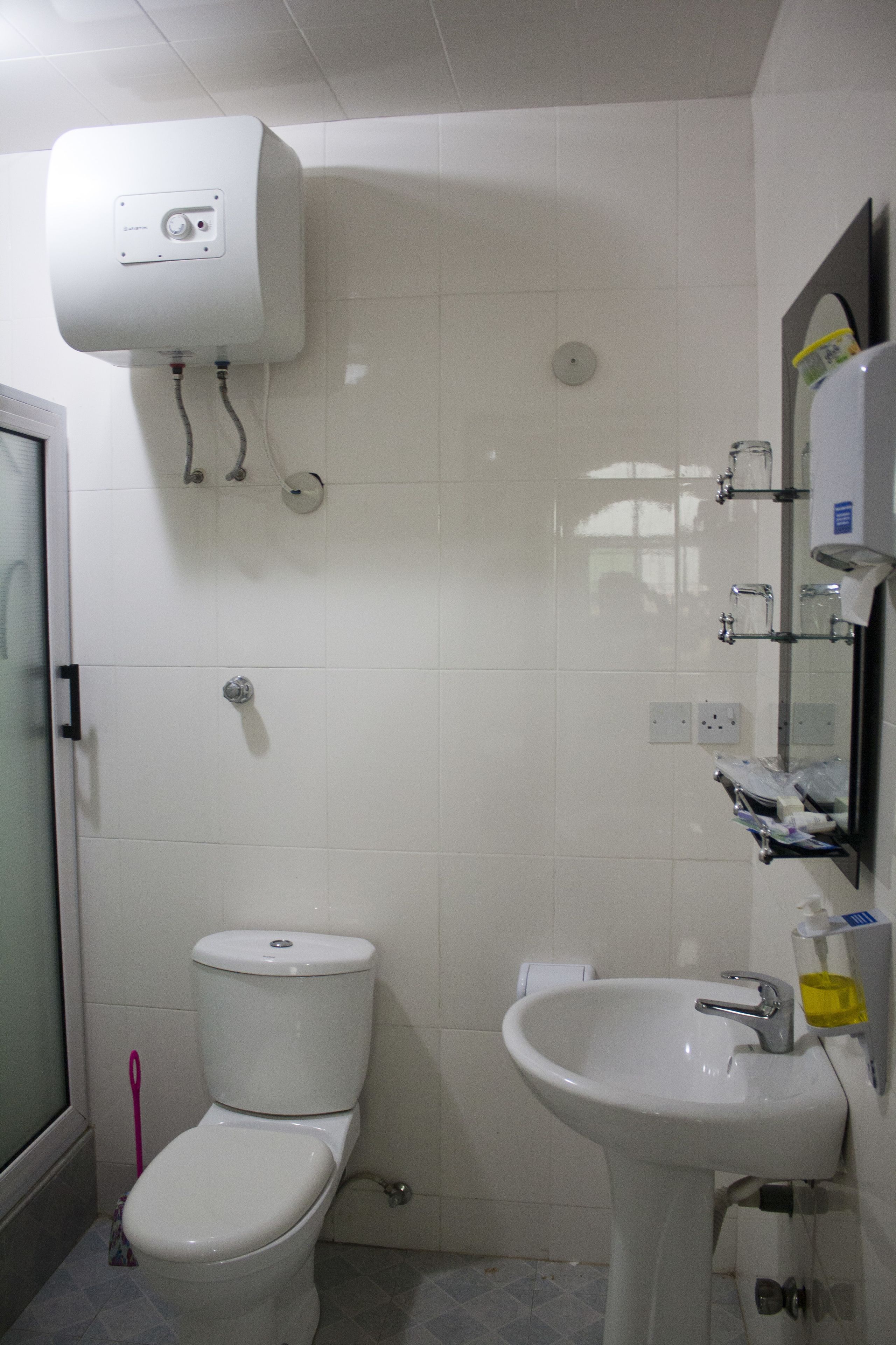 Een badkamer met een toilet, wastafel en een aan de muur bevestigde boiler.