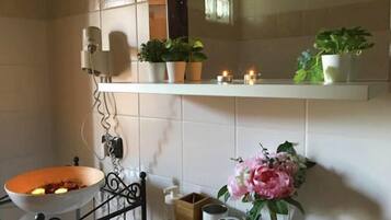 Shower, free toiletries, bidet, towels