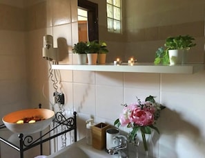 Shower, free toiletries, bidet, towels
