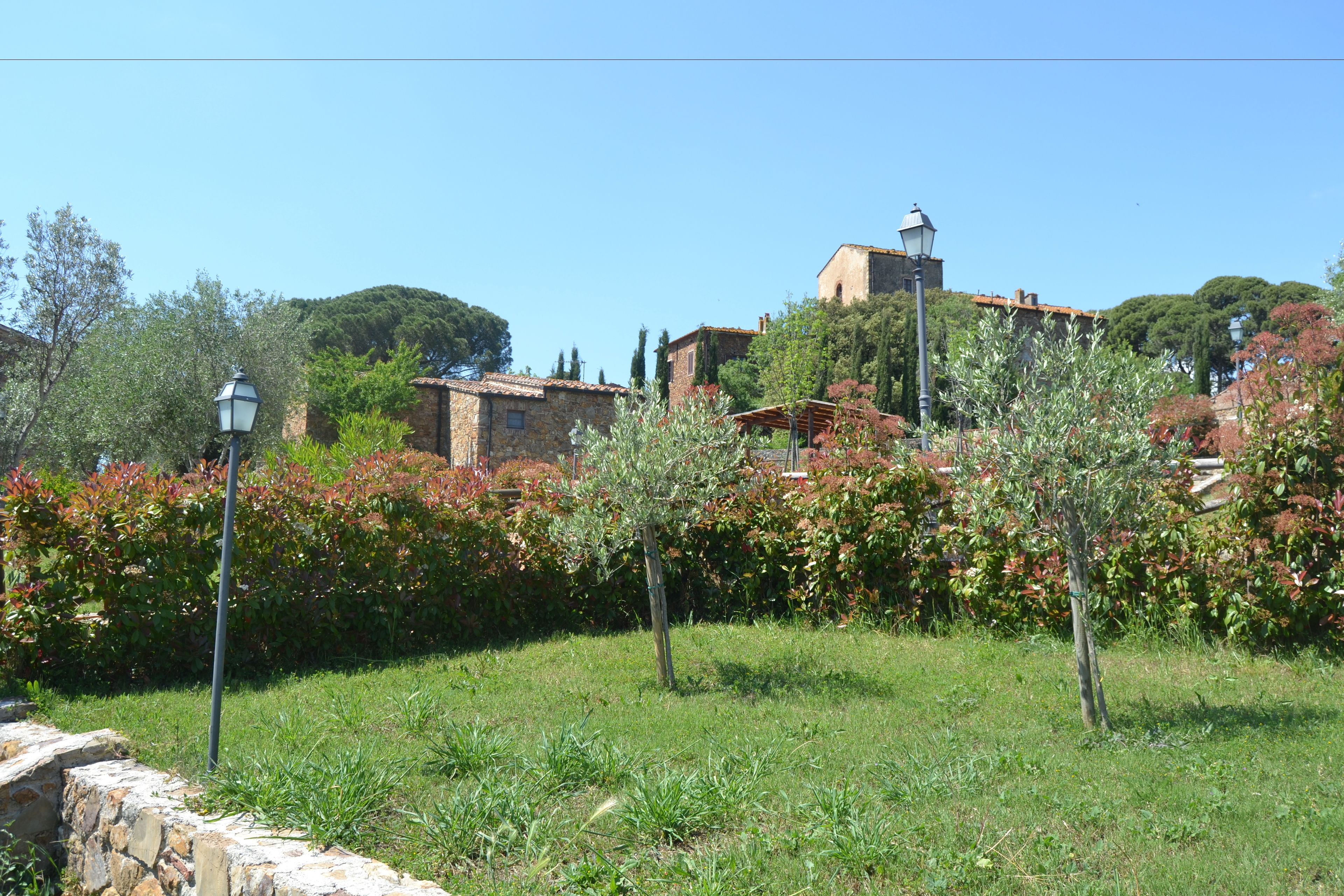 A stone building with a bell tower, surrounded by greenery and trees.