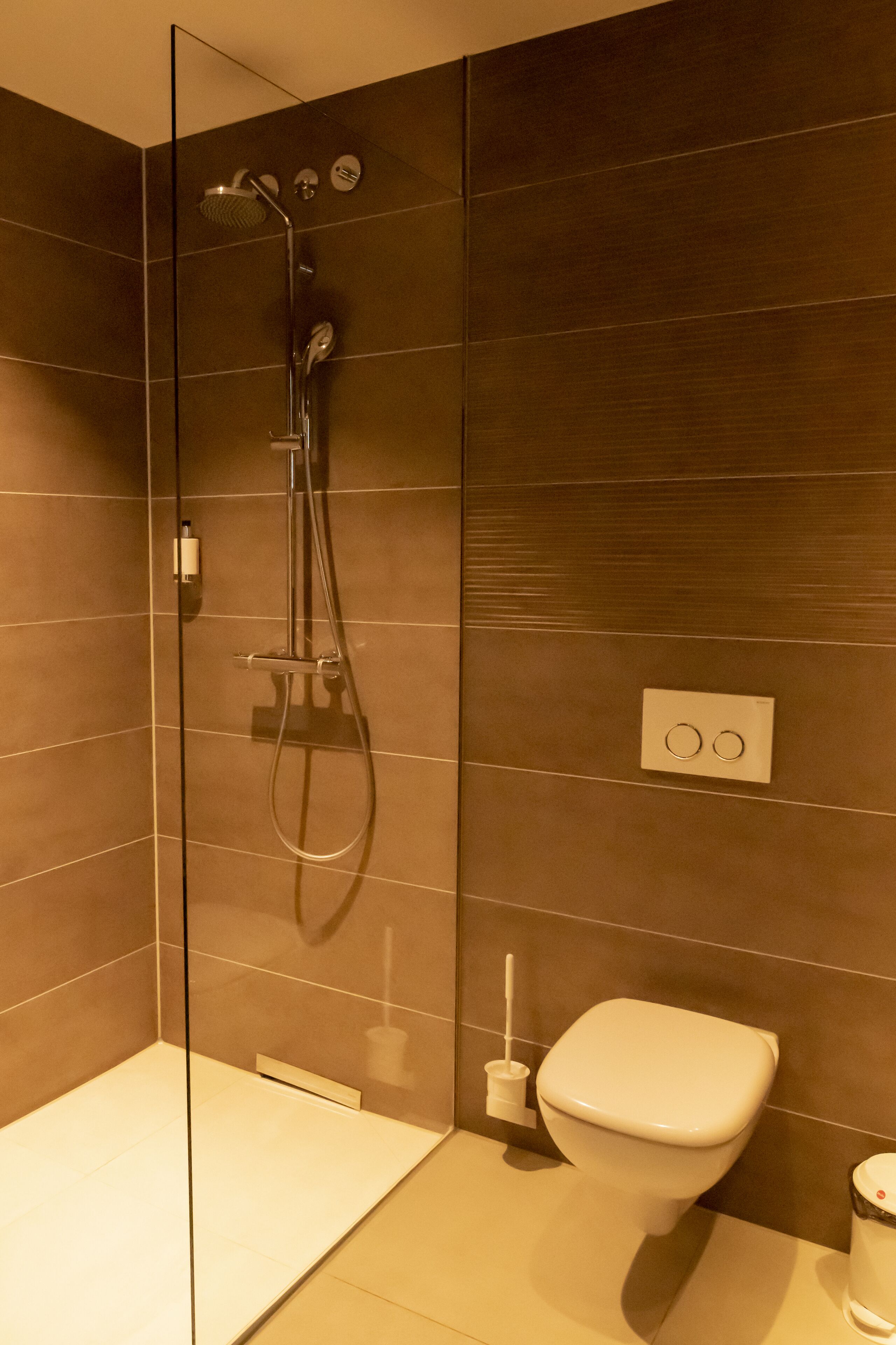 A modern bathroom with a glass-enclosed shower, a toilet, and a wall-mounted flush handle.