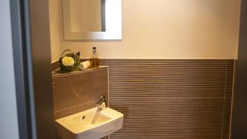 A modern bathroom with a sink, mirror, and toilet.