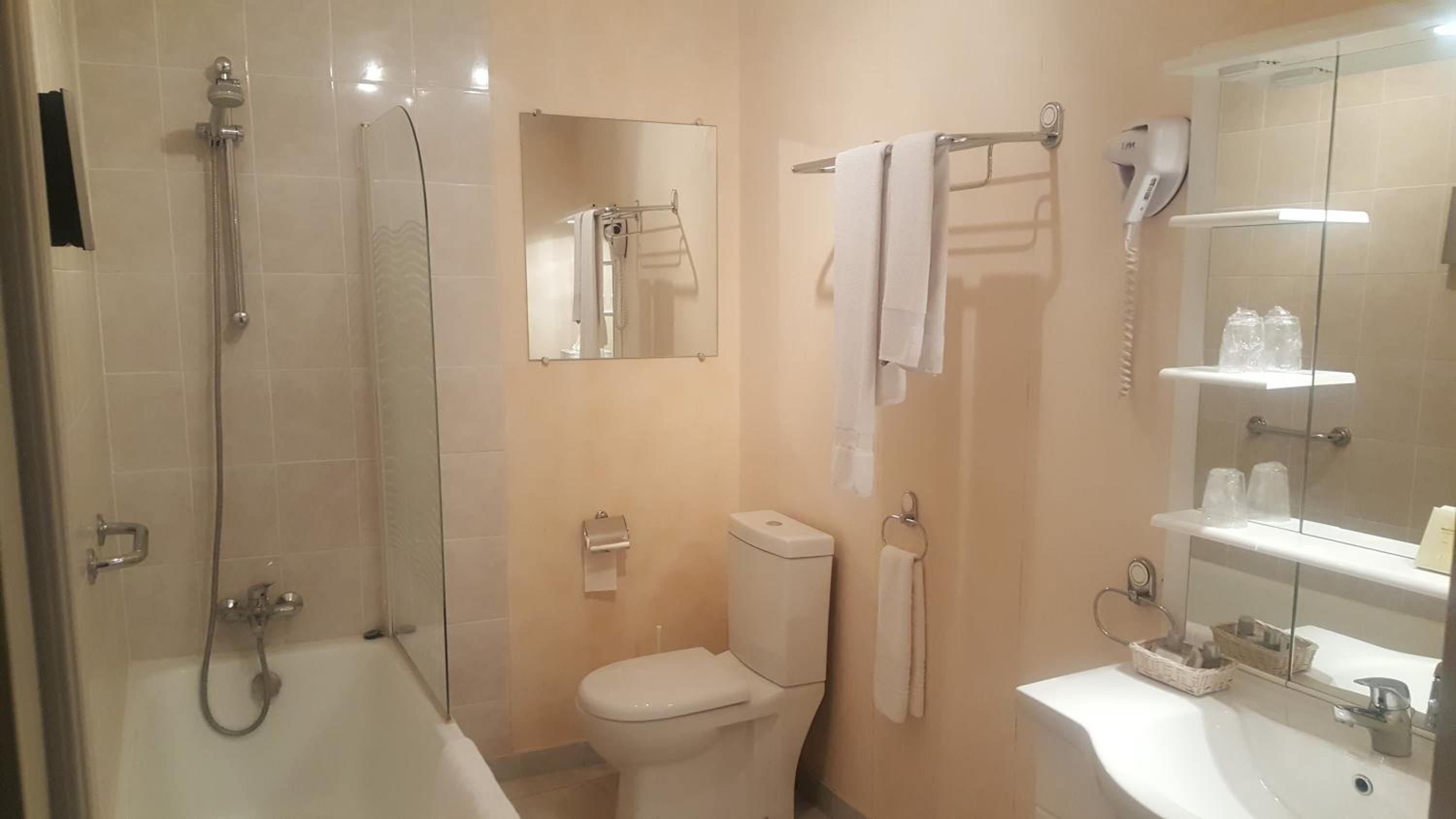 free toiletries, hair dryer, dressing gowns, towels