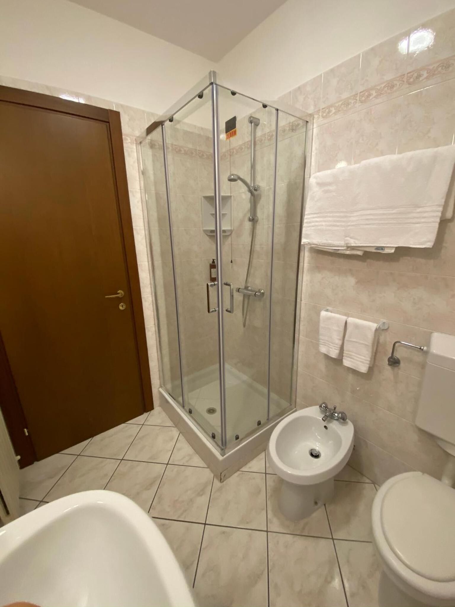 Une salle de bain dotée d’une douche à parois de verre, de toilettes, d’un bidet et d’une baignoire.