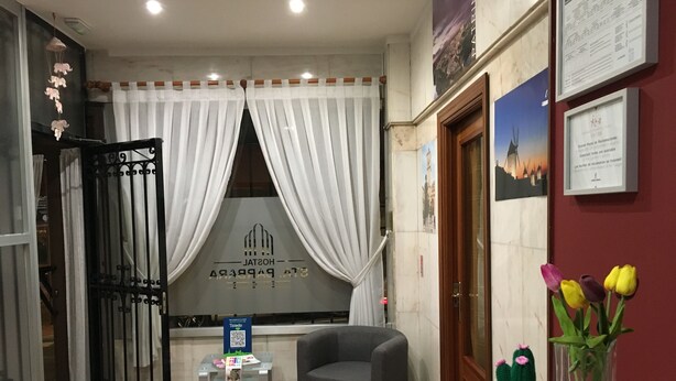 A reception area with a desk, a chair, a vase with flowers, a cactus, and a window with curtains. - Hostal Santa Bárbara (Toledo)
