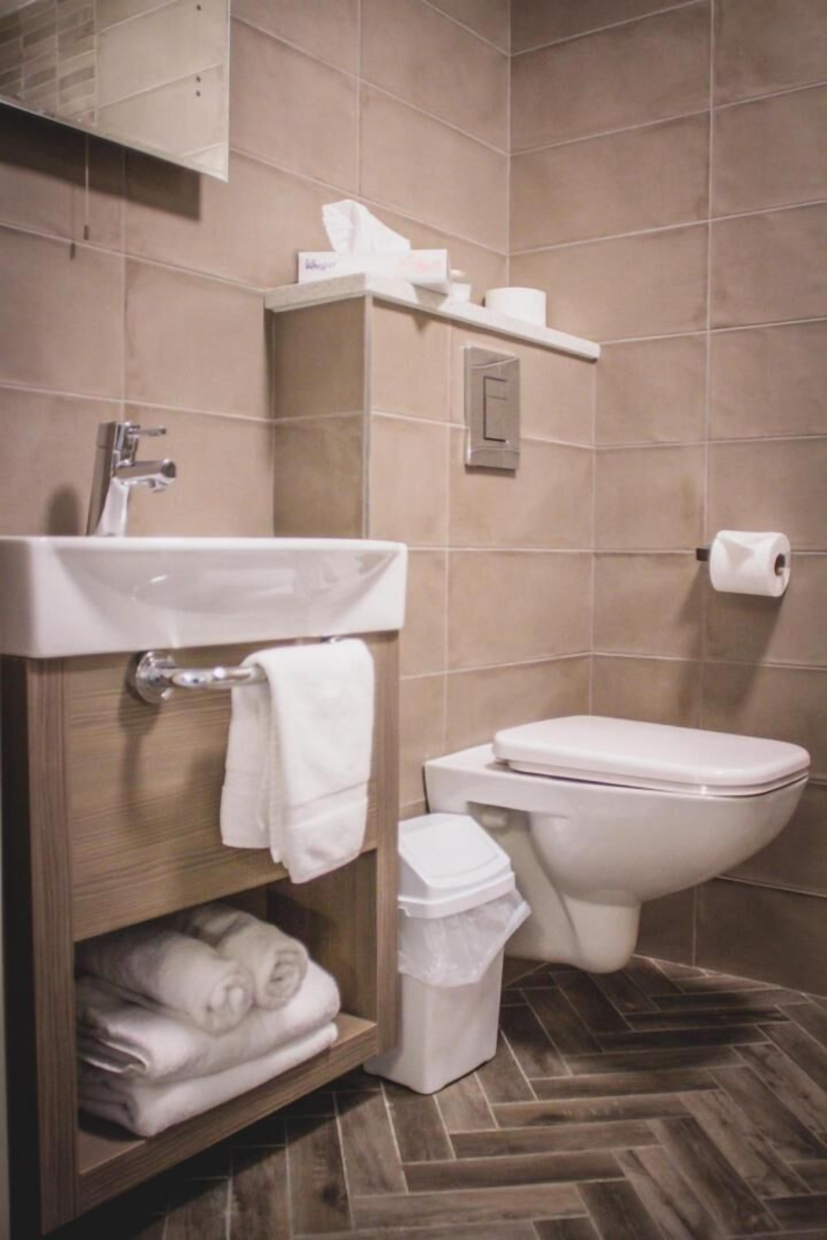 Un bany amb un lavabo, vàter i una estant amb productes de tocador.