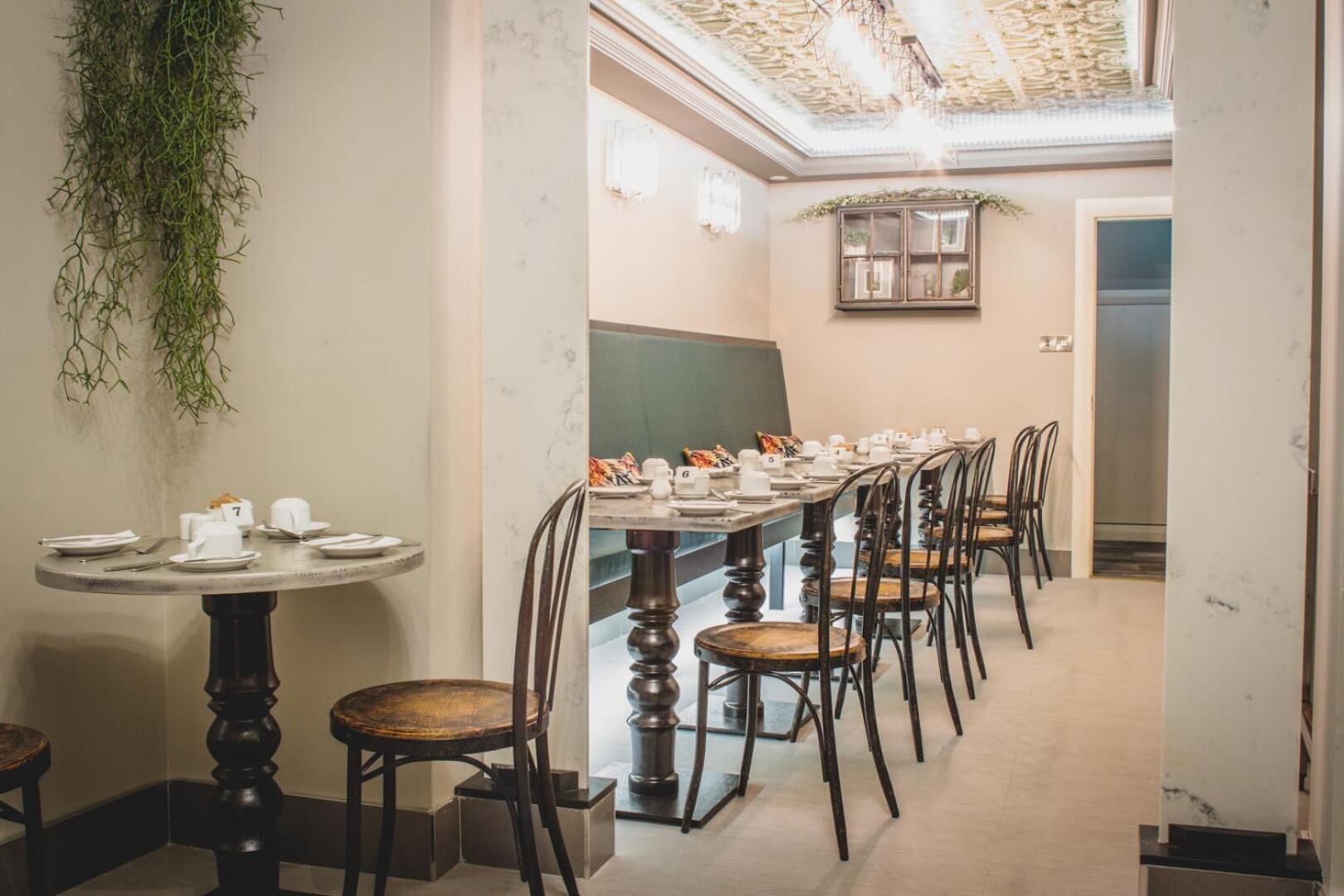 A dining area with a long table, chairs, and a hanging plant.