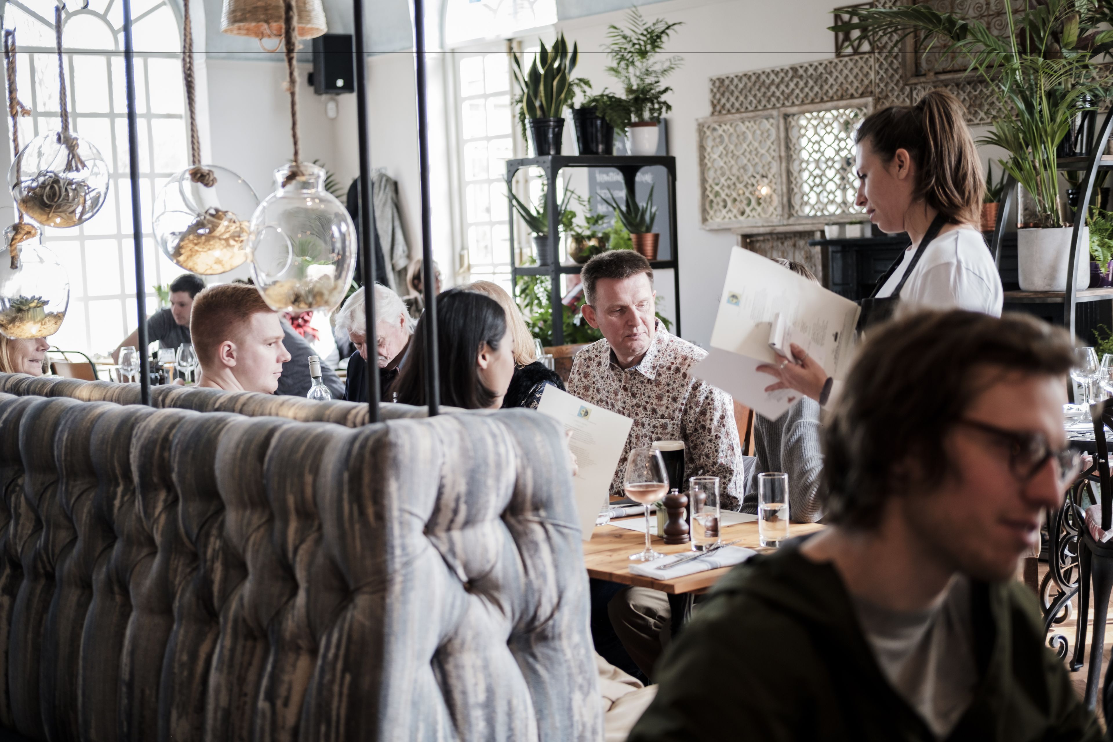 A restaurant interior with a tufted sofa, dining tables, and potted plants.