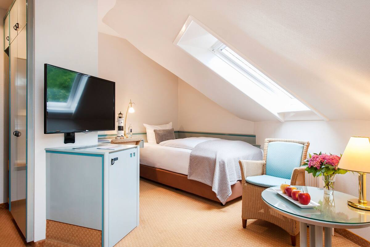 Habitación de hotel moderna con cama, televisor, escritorio pequeño, silla, mesa con fruta y tragaluz.