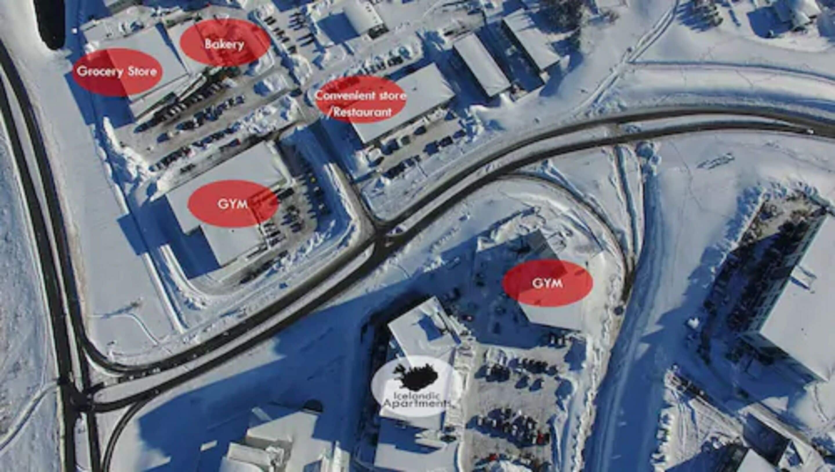 An aerial view of a commercial area with a grocery store, bakery, convenient store/restaurant, and two gyms.